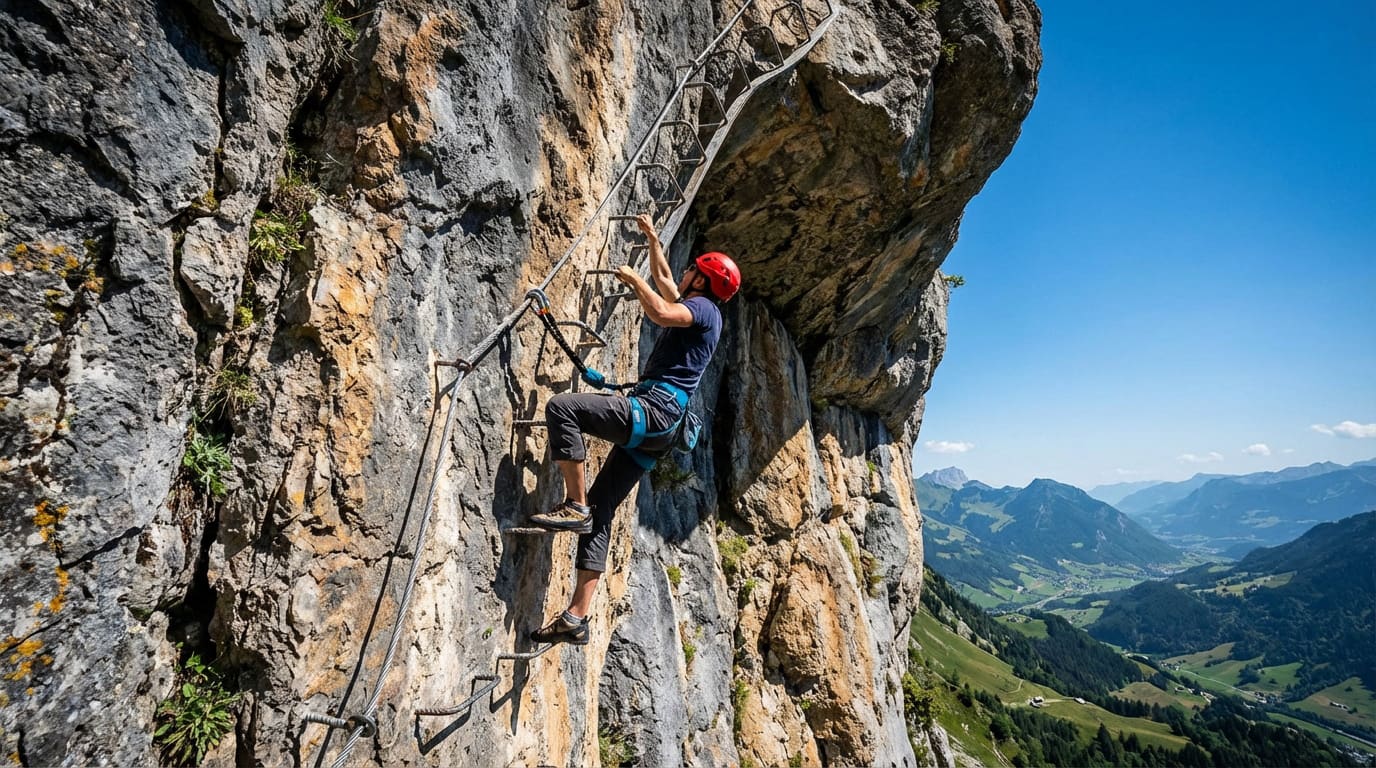 Homme en casque rouge escaladant une via ferrata rocheuse. Paysage alpin avec vallées vertes et ciel bleu à l'arrière-plan.