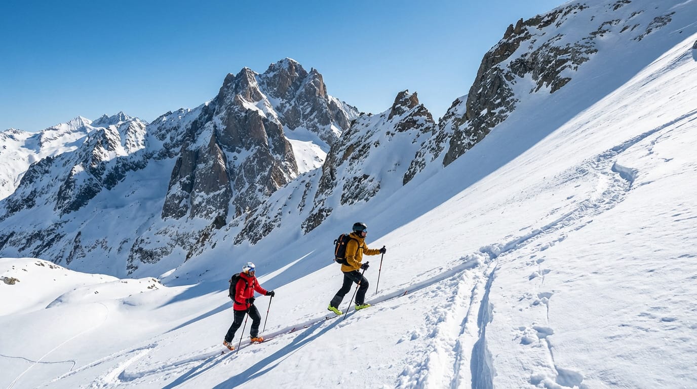 Skiers navigating the challenging Pierra Menta mountain route with stunning alpine scenery