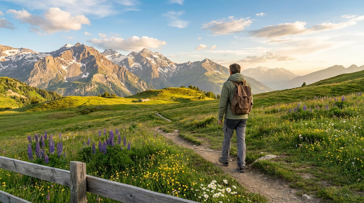 Vue panoramique des Alpes suisses, illustrant le slow travel et la déconnexion en montagne