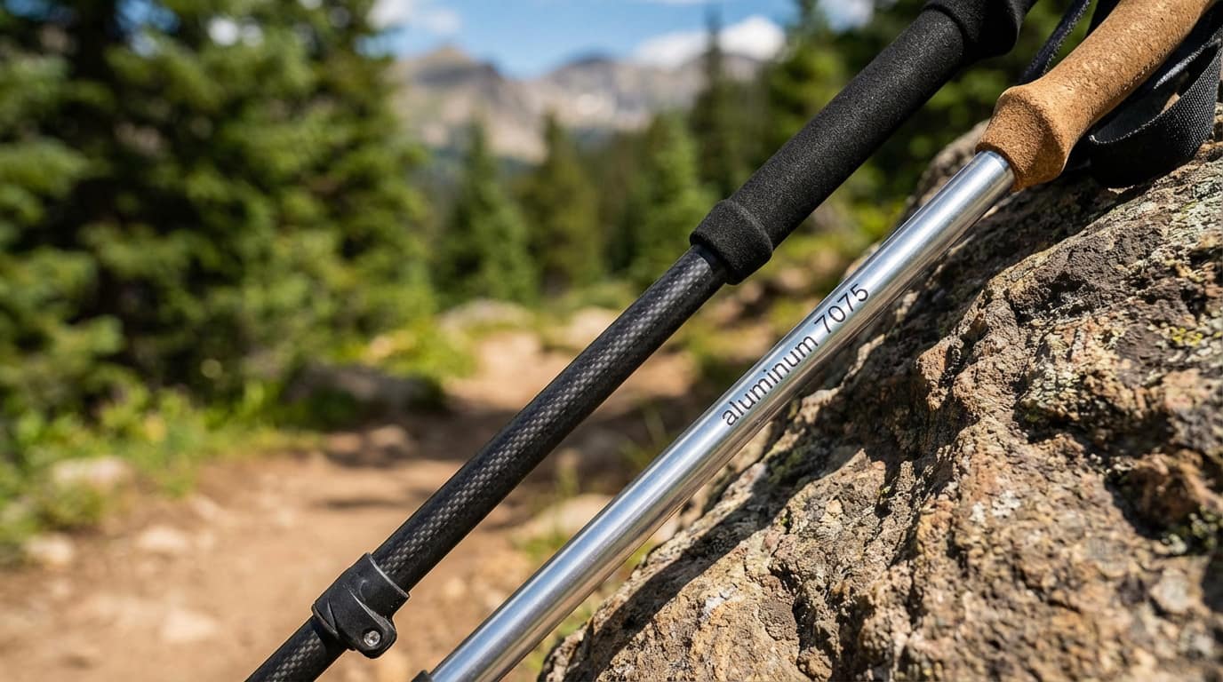 Comparative image of carbon and aluminum trekking poles for hiking performance