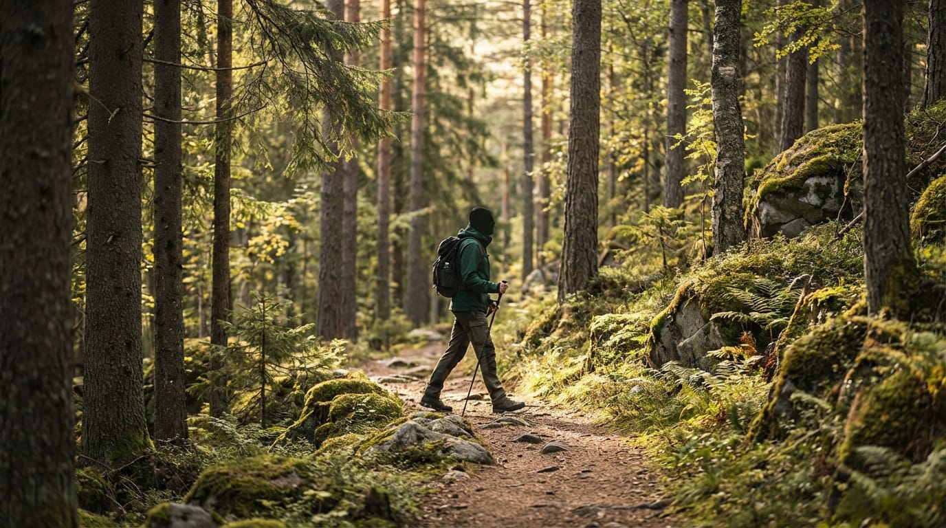 Marche en nature sur un sentier forestier, favorisant la santé articulaire et mentale