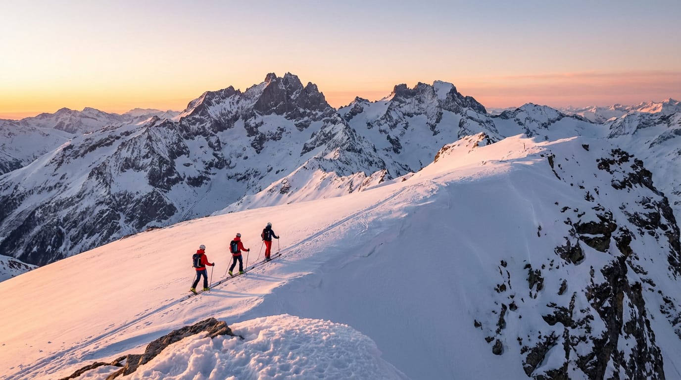 Skiers navigating the glaciers of Écrins during the Grande Ruine raid