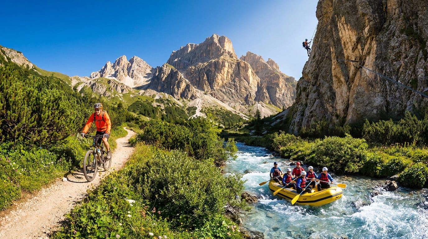 Montagne estivale avec activités variées comme le rafting et le VTT dans les Alpes