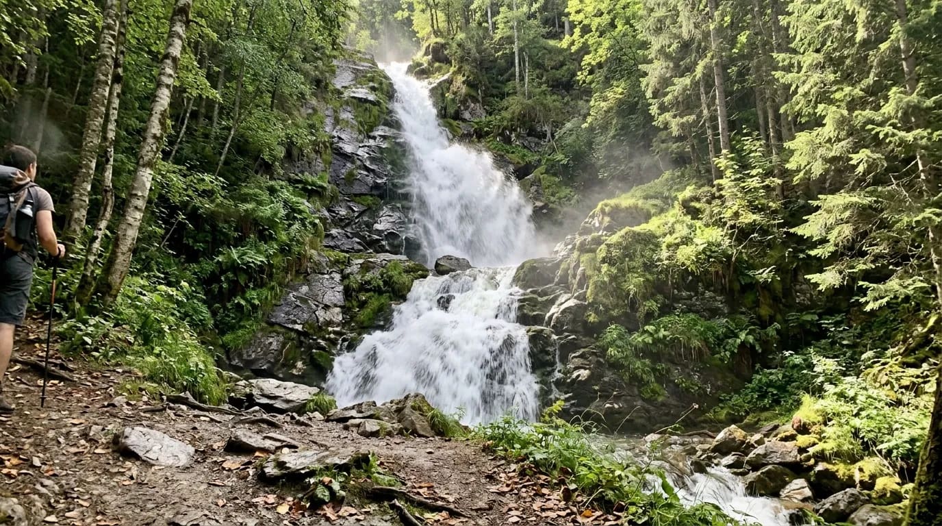 Randonneurs observant une cascade dans une forêt dense.