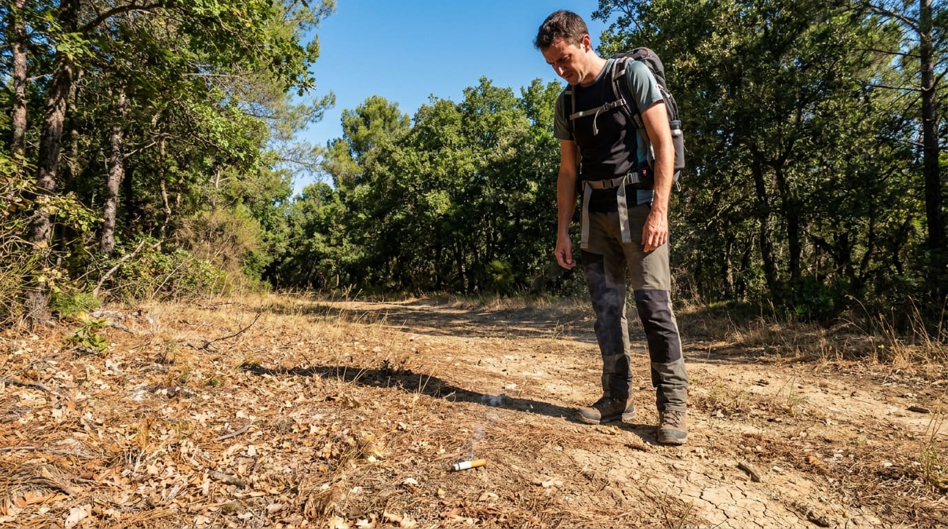 Hiker enjoying a scenic view while considering the risks of smoking in nature