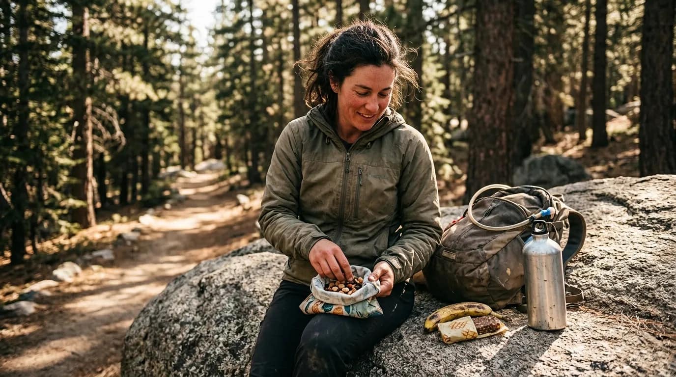 Femme souriante mangeant des noix pendant une pause de randonnée en forêt