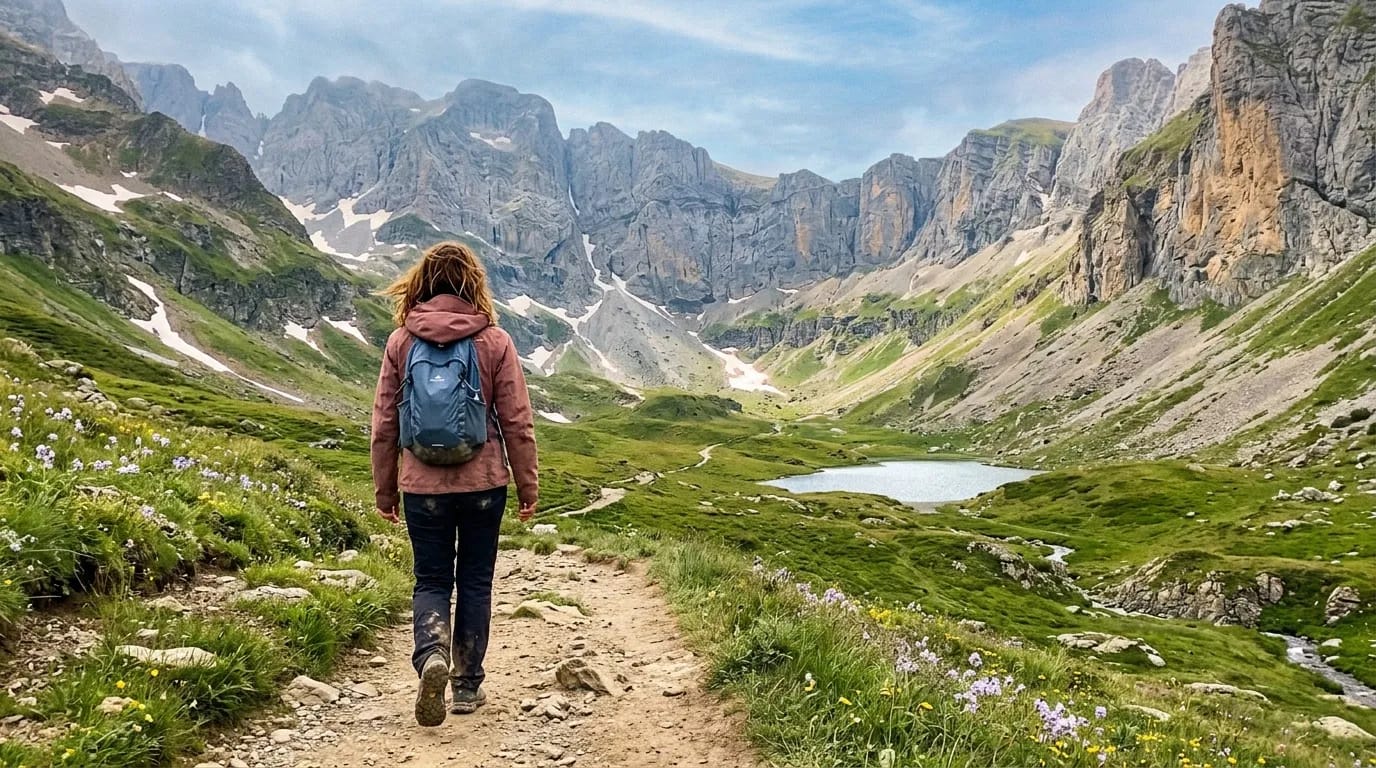 Femme randonnée montagne lac alpin paysage rocheux
