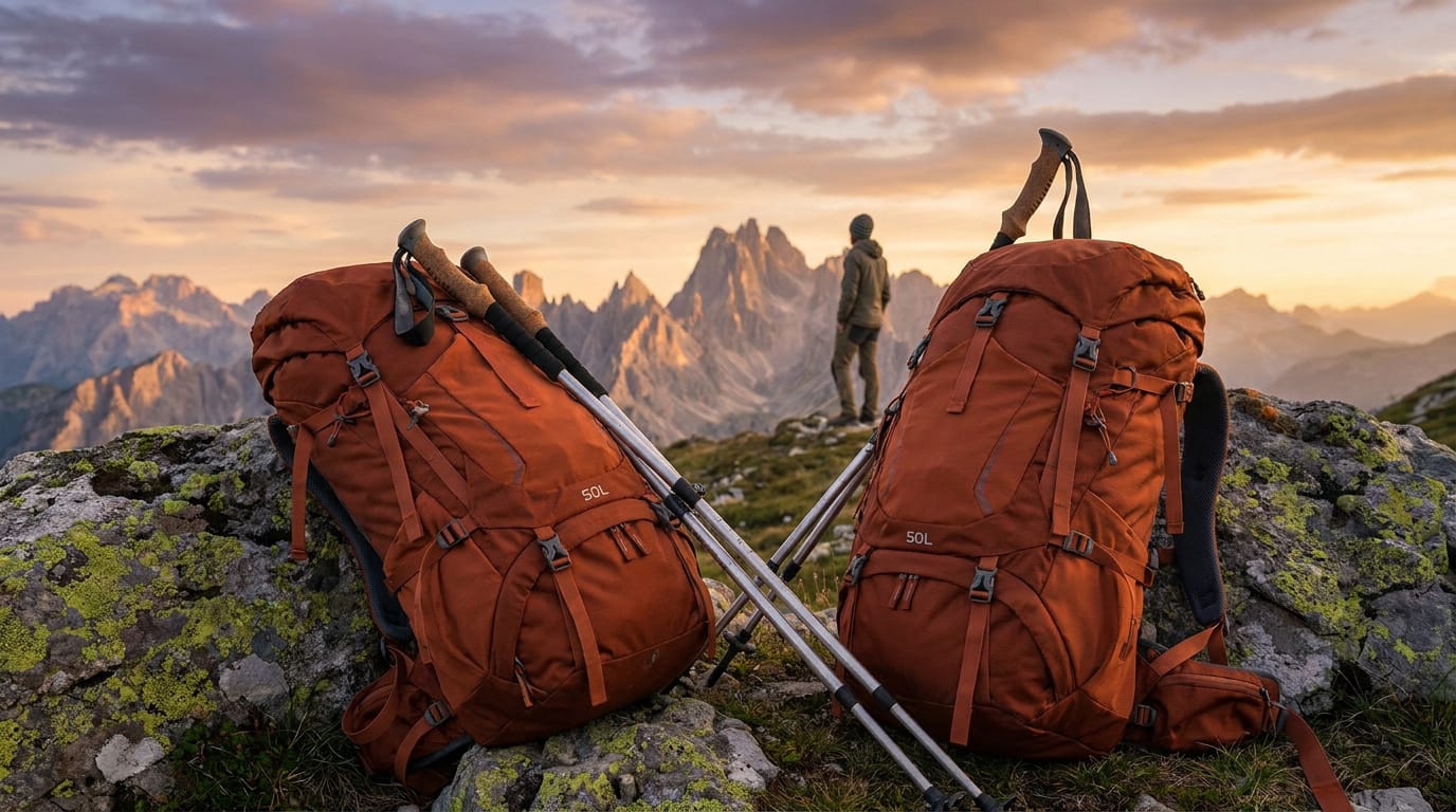 Deux sacs à dos de randonnée de 50L couleur terre posés sur des rochers avec un randonneur en arrière-plan au coucher.