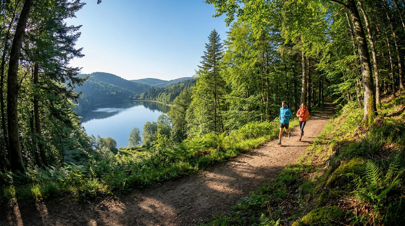 Un homme et une femme courent sur un sentier en forêt surplombant un lac paisible dans les Vosges par une journée ensoleillée.