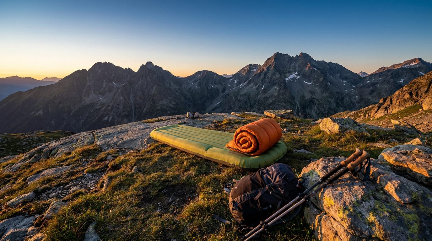 Matelas de bivouac et sac de couchage installés sur une crête rocheuse face à une chaîne de montagnes au lever du jour.