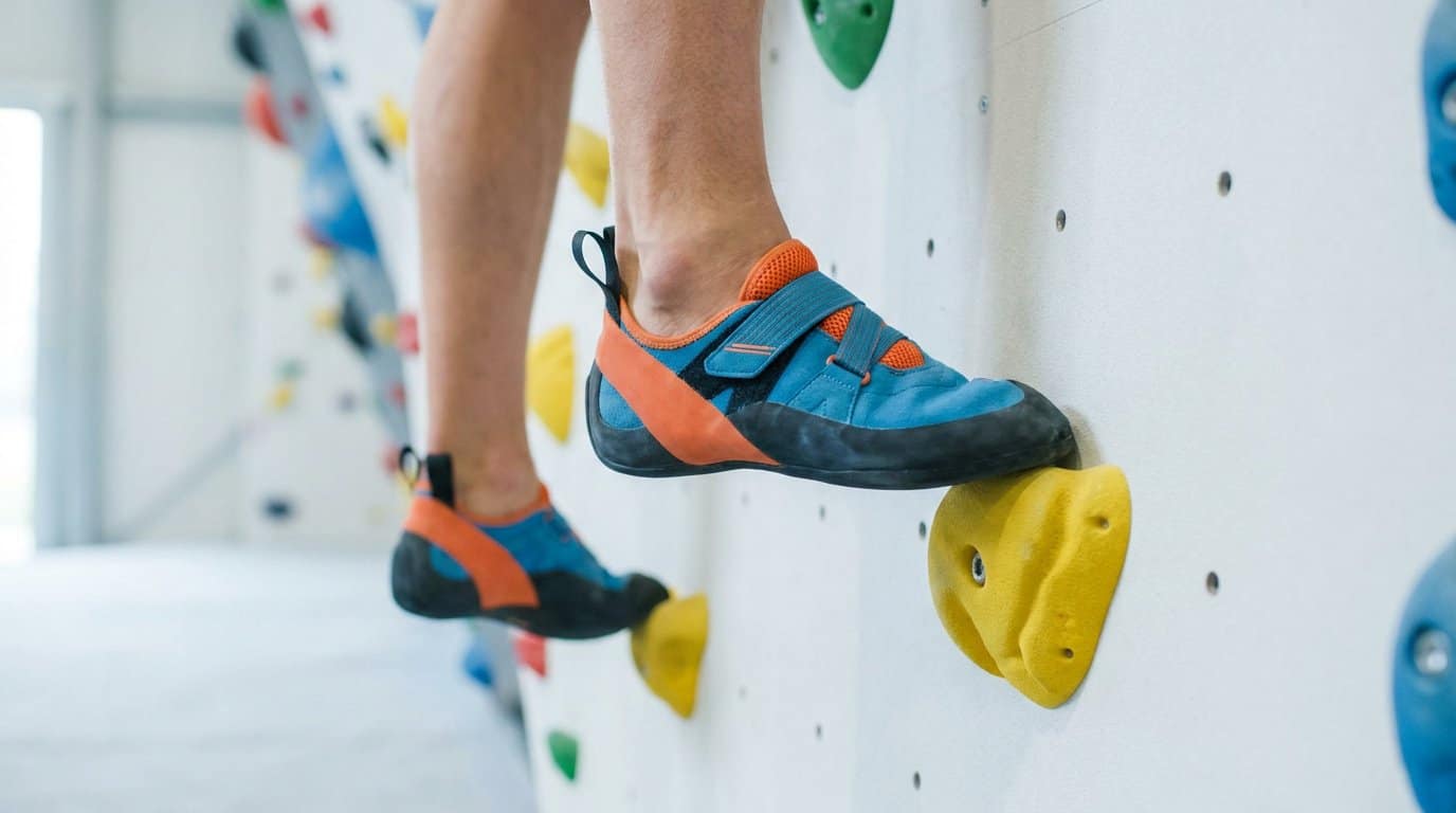 Gros plan sur les pieds d'un grimpeur posés sur des prises d'escalade colorées sur un mur en salle.