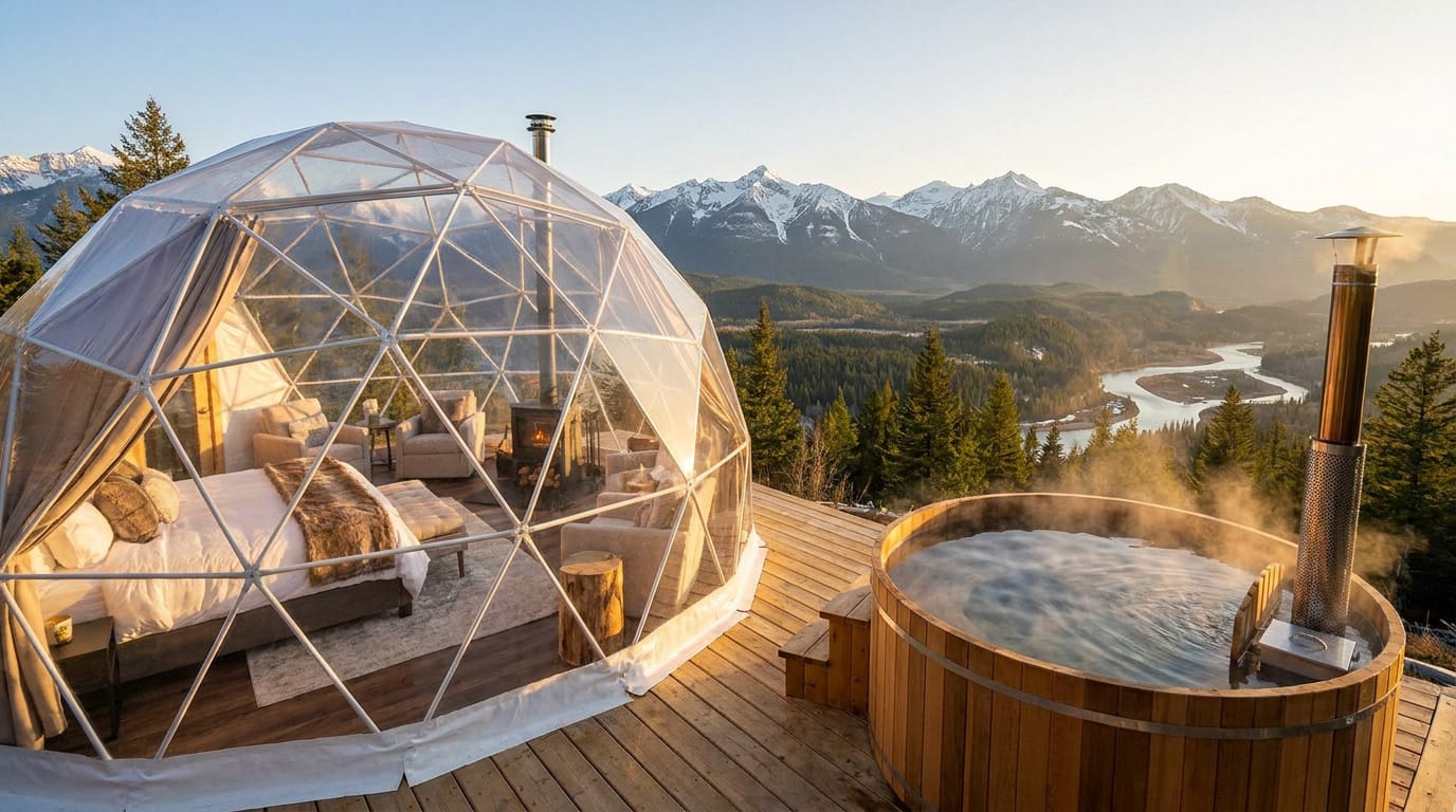 Un dôme géodésique transparent avec un lit et un jacuzzi en bois sur une terrasse surplombant des montagnes enneigées.
