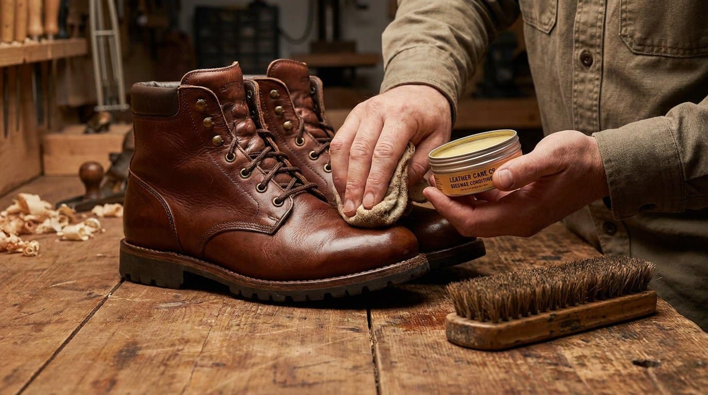 Mains d'un artisan appliquant du baume protecteur sur des bottes de randonnée en cuir brun sur un établi en bois.