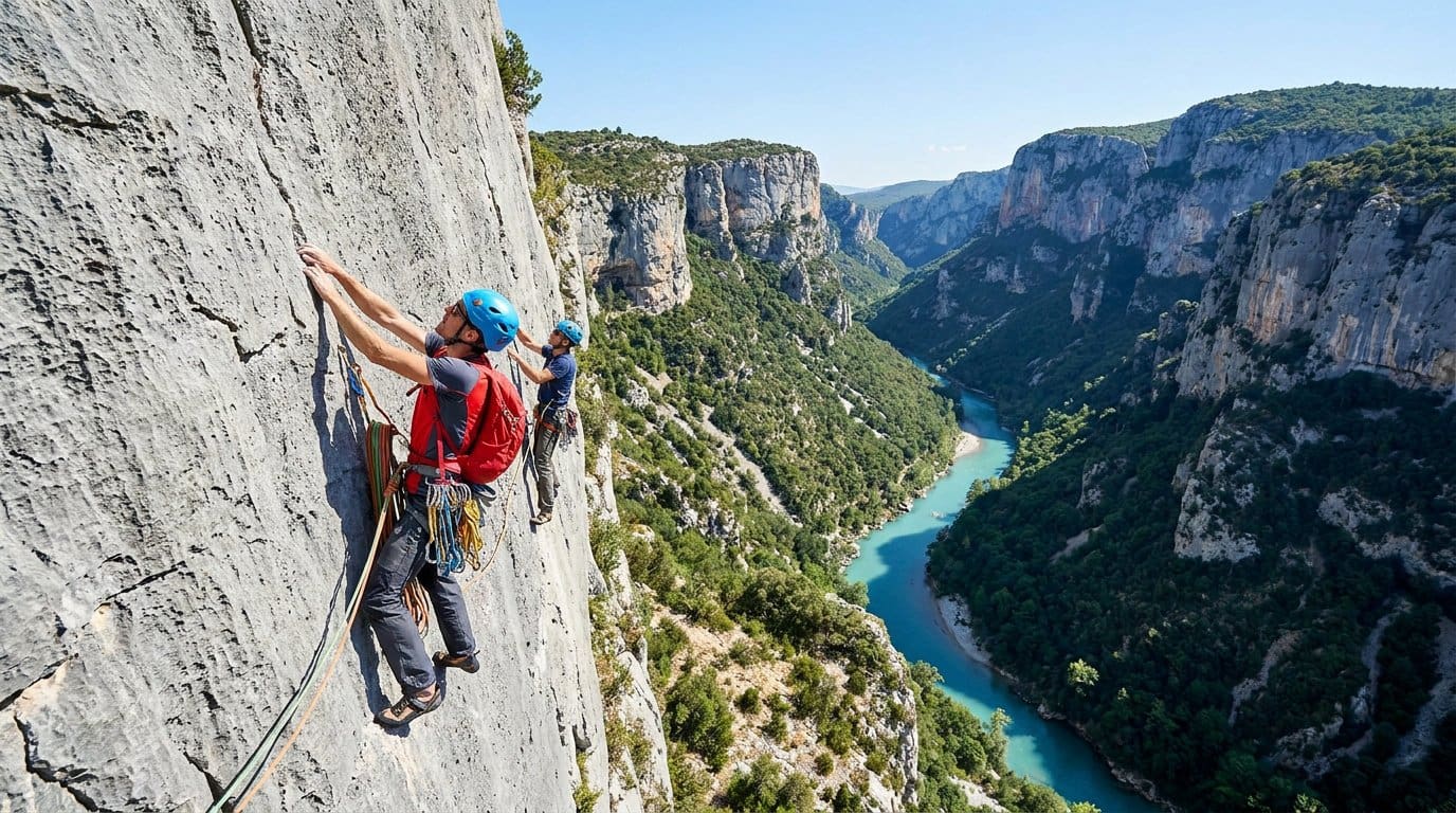 Deux grimpeurs en paroi au-dessus des eaux turquoise des Gorges du Verdon en France.
