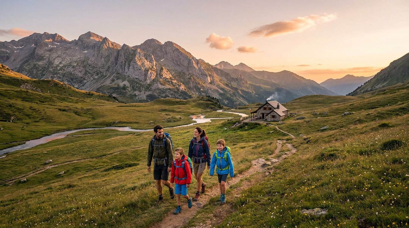 Famille en randonnée marchant sur un sentier montagneux vers un refuge au coucher du soleil dans les Pyrénées.