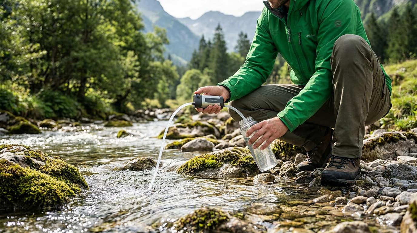 Un randonneur en veste verte utilise un filtre à eau portable au bord d'un torrent de montagne.