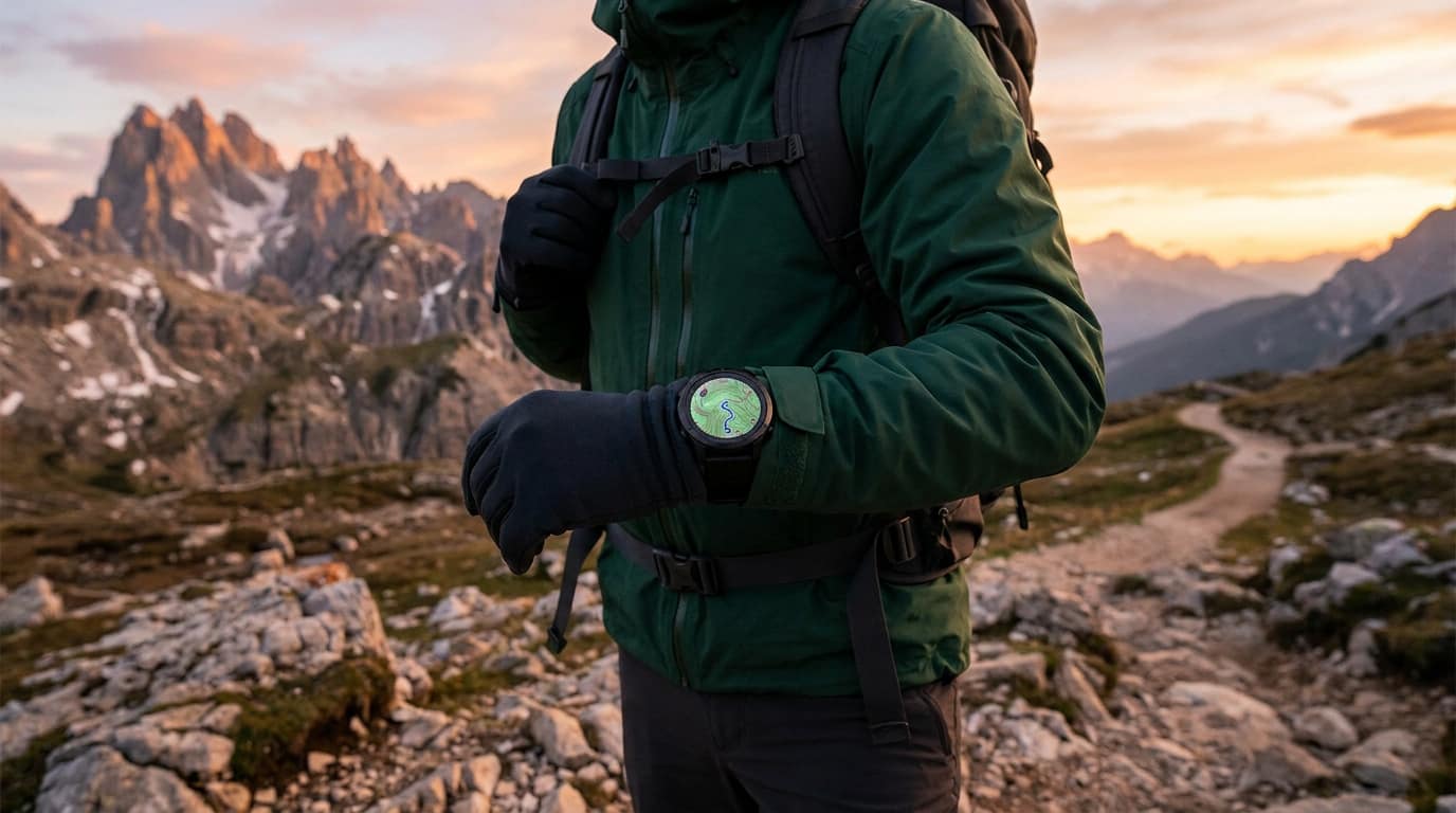 Randonneur en tenue d'hiver vérifiant sa montre GPS avec une carte topographique au poignet dans un paysage montagneux.