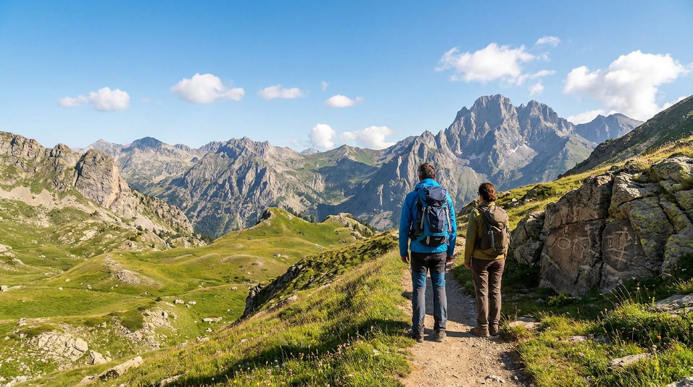 Un homme et une femme avec des sacs à dos font face à un panorama montagneux spectaculaire dans le parc du Mercantour.