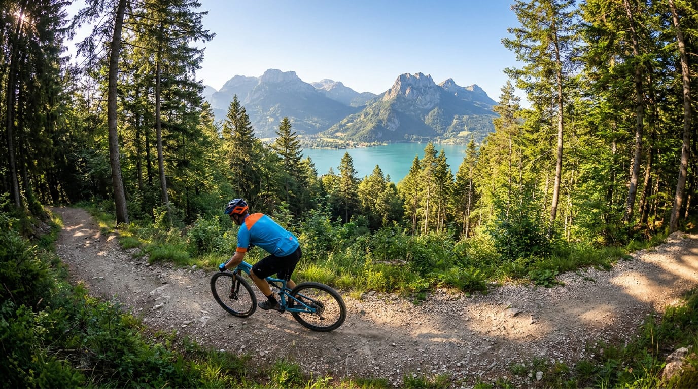 Vététiste en maillot bleu roulant sur un sentier forestier avec vue panoramique sur le lac d'Annecy et les montagnes.