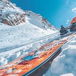Planche de snowboard colorée sur une pente enneigée avec un ciel bleu et le soleil brillant.