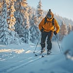 Personne skiant sur une piste enneigée dans la forêt enneigée