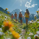 Où partir en montagne l'été en famille : top destinations et meilleures stations pour vos vacances Famille marchant sur un sentier fleuri avec montagnes enneigées