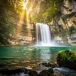 Cascade du Saut du Loup dans les gorges du Loup, Alpes-Maritimes – eau turquoise sur roches calcaires entourée de végétation méditerranéenne