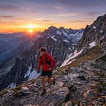 Un traileur sur un sentier de crête rocheux au lever du soleil, face à un panorama montagneux enneigé incluant le Mont Blanc.