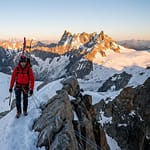 Alpiniste en rouge avec skis sur le dos, progressant sur une arête rocheuse et enneigée de montagnes baignées de lumière dorée.