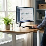 Un homme travaille debout à un bureau réglable en bois, utilisant un clavier et un grand écran d'ordinateur dans un environnement de bureau lumineux.