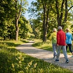 Groupe de six seniors, vêtus de tenues de sport colorées, marche activement sur un sentier en forêt par une journée ensoleillée.