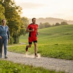 Person walking on a scenic trail, promoting health benefits of walking versus running