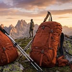 Deux sacs à dos de randonnée de 50L couleur terre posés sur des rochers avec un randonneur en arrière-plan au coucher.