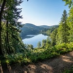 Un homme et une femme courent sur un sentier en forêt surplombant un lac paisible dans les Vosges par une journée ensoleillée.