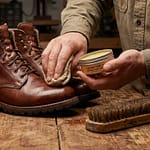 Mains d'un artisan appliquant du baume protecteur sur des bottes de randonnée en cuir brun sur un établi en bois.
