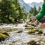 Un randonneur en veste verte utilise un filtre à eau portable au bord d'un torrent de montagne.