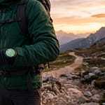 Randonneur en tenue d'hiver vérifiant sa montre GPS avec une carte topographique au poignet dans un paysage montagneux.