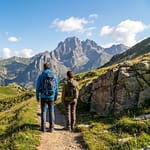 Traversée du Mercantour : itinéraire de 3 jours Un homme et une femme avec des sacs à dos font face à un panorama montagneux spectaculaire dans le parc du Mercantour.