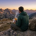 Manger bon en trek : test de plats lyophilisés Un randonneur mange un plat lyophilisé chaud en admirant un coucher de soleil sur des montagnes majestueuses.