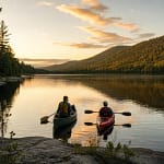 Un canoë et un kayak posés côte à côte sur un lac calme au coucher du soleil