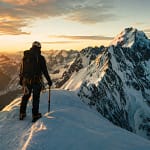 Alpiniste de dos équipé face à une crête enneigée au lever du jour