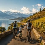 Famille à vélo longeant les rives d'un grand lac alpin entouré de vignobles et de montagnes