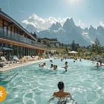Camping Chamonix avec piscine : séjour au pied du Mont-Blanc dans les Alpes Personnes se baignant dans une piscine avec vue sur les sommets