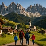 Les plus beaux villages des Dolomites pour les familles famille en randonnée dans un village des dolomites