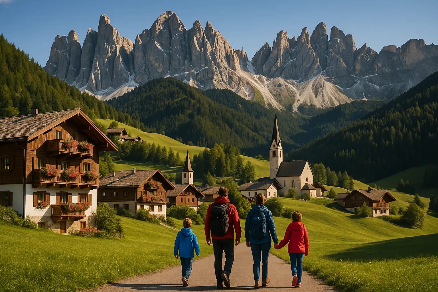 famille en randonnée dans un village des dolomites