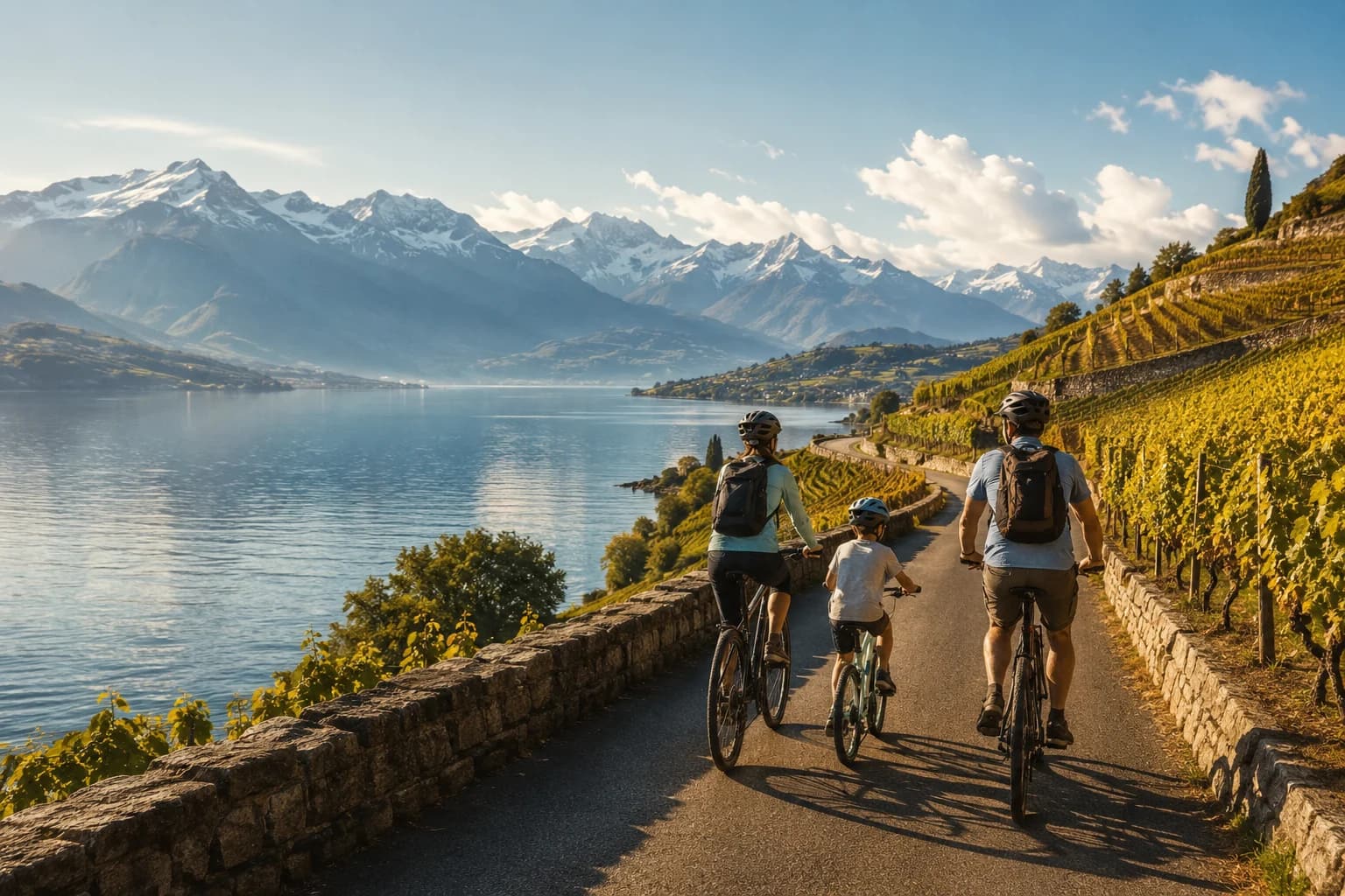 Famille à vélo longeant les rives d'un grand lac alpin entouré de vignobles et de montagnes