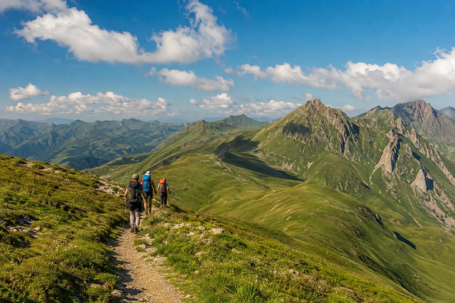 Panorama estival des Pyrénées avec sentier de randonnée serpentant à travers les alpages