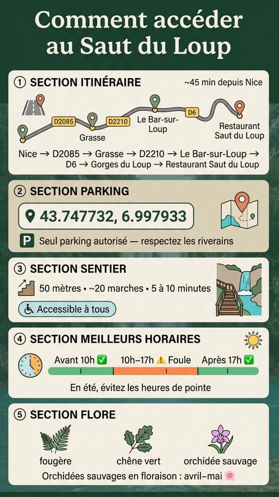 Infographie pratique : itinéraire depuis Nice, coordonnées GPS du parking, sentier d'accès et meilleurs horaires pour visiter les cascades du Saut du Loup dans les Gorges du Loup