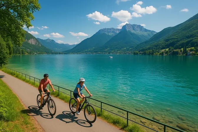 Cyclistes au bord du lac d'Annecy