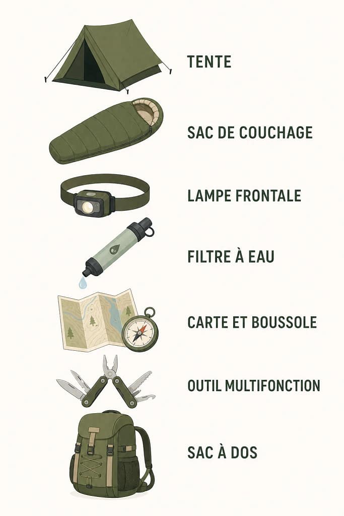 Infographie du matériel essentiel pour le camping sauvage